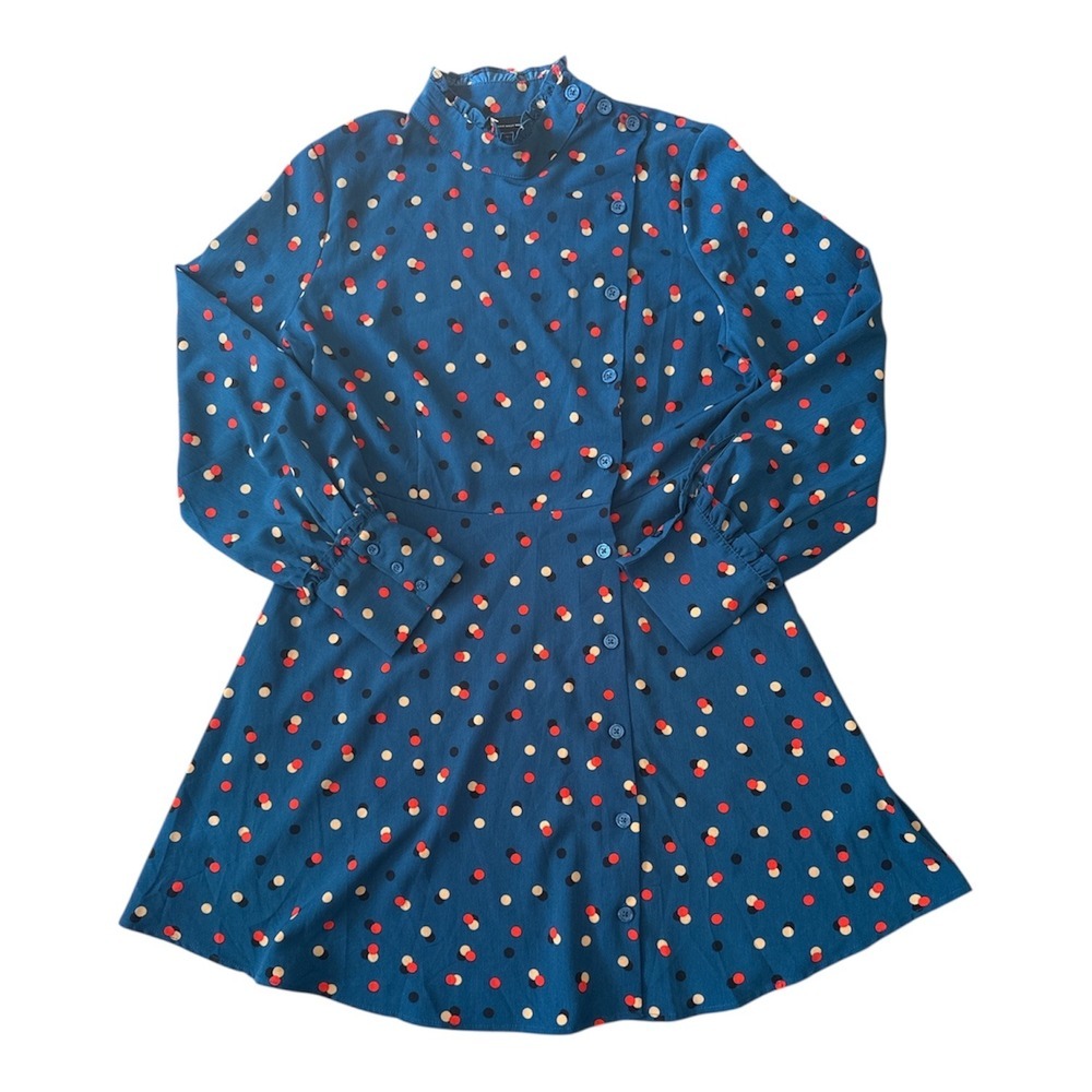 Who What Wear Polka Dot Mock Neck Long Sleeve A Line Dress Teal Women's M